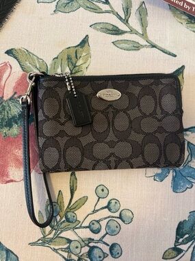 Coach Gray and Black Signature Canvas Wristlet with Leather Strap